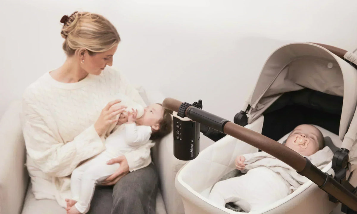 Mother feeding one twin while Sleepytroll rocks the other to sleep