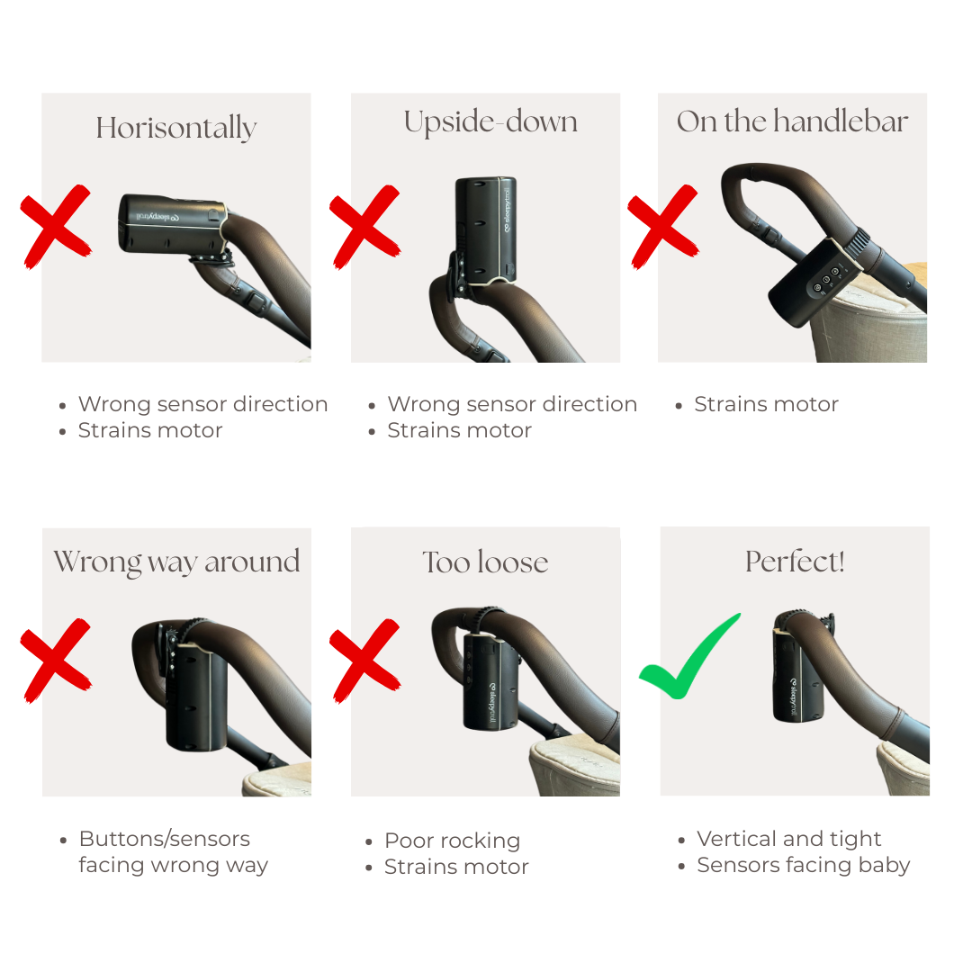 Illustrations showing the correct and incorrect ways to attach a baby monitor sensor to a handlebar.