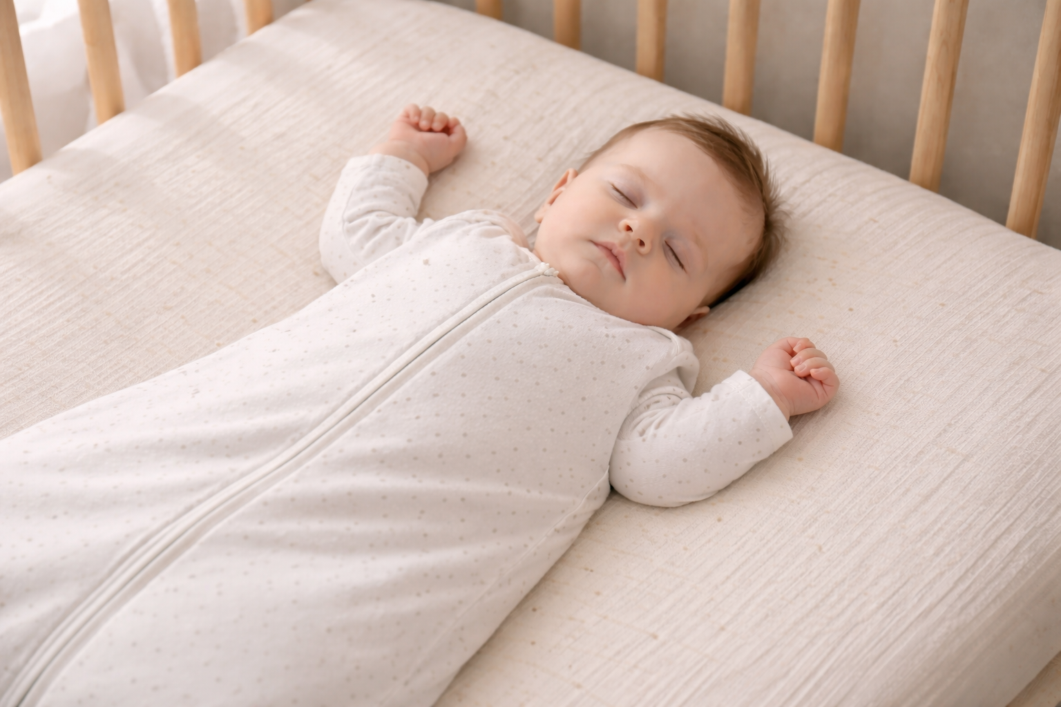 Baby sleeping on back in sleeping bag