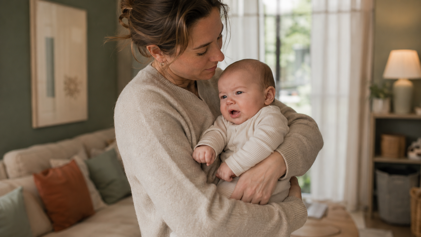 Mother embracing her baby in a living room