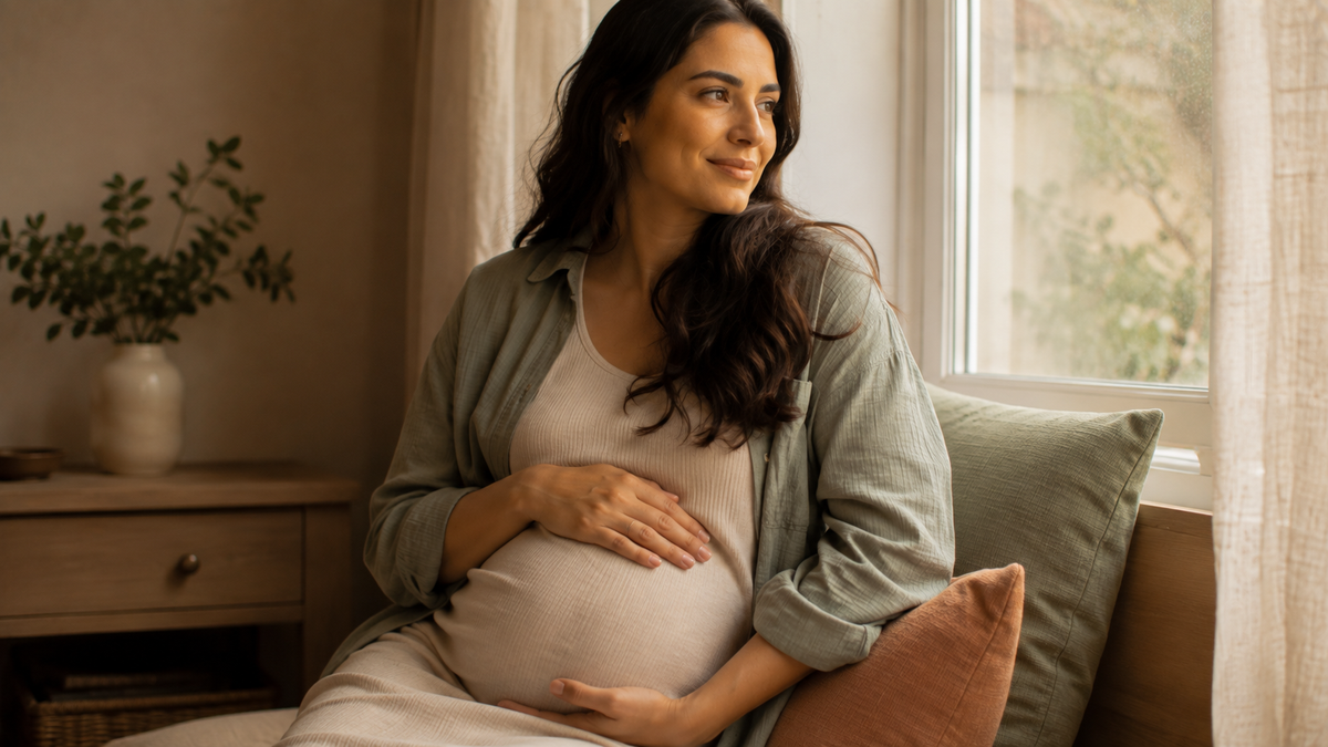 Pregnant woman looking out the window and holding her belly