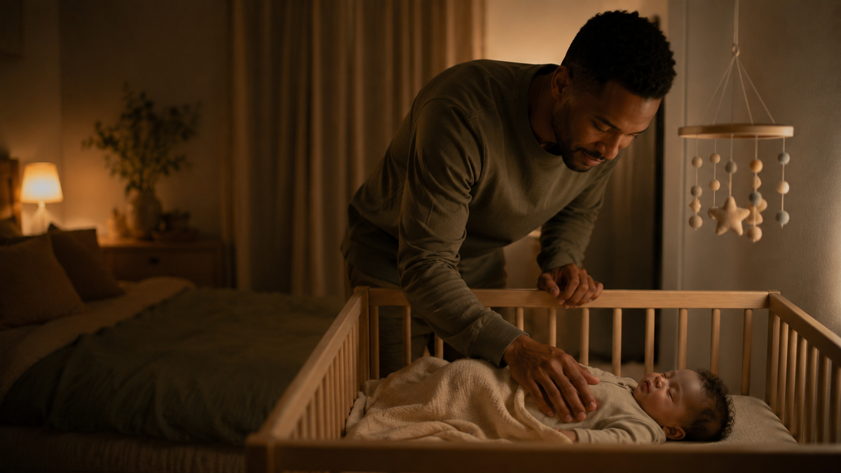 Father helping a baby fall asleep in the parents' bedroom
